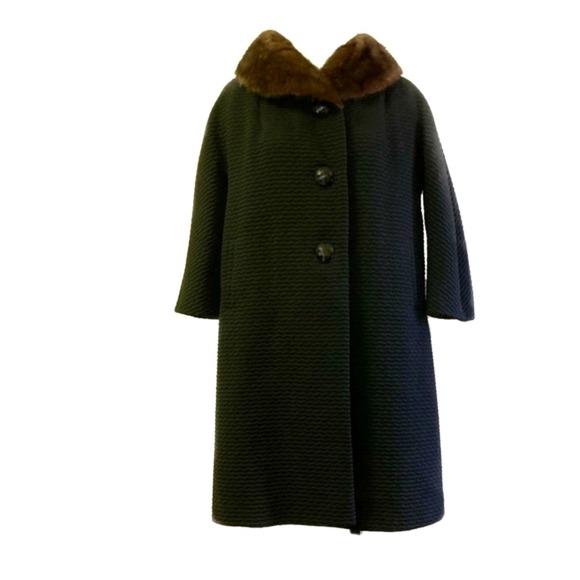 Vintage Black Wool Coat with Brown Fur Collar